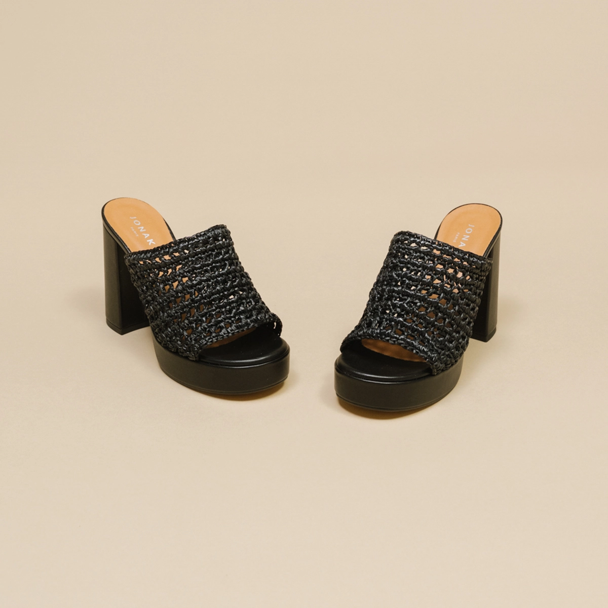 Openwork platform mules in black raffia | JULIETTE