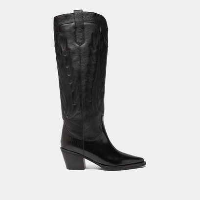 Boots with thick heels and visible stitching in black grained leather | dilo