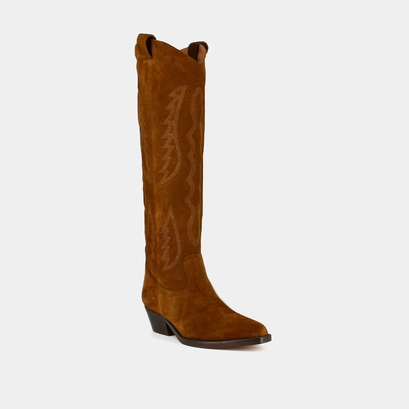 High boots with pointed toes in cognac suede | dorilla