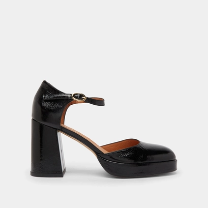 Square toe slippers with strap in black shiny leather | vero