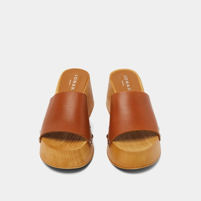 Platform mules with open toes in cognac leather | ELENA
