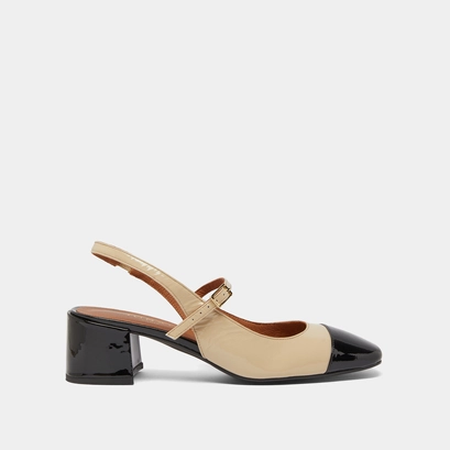 Heeled mary janes in black and ecru patent | doumy