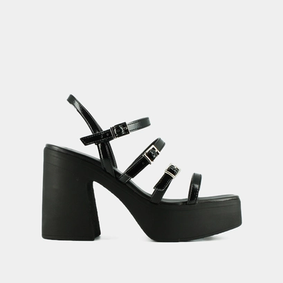 Sandals with straps and platforms in black pleated patent | puzzle