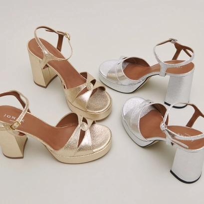 Platform sandals and high heels in platinum metallic textile | justine