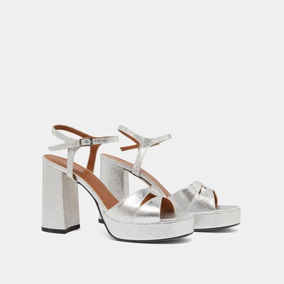 Platform sandals and high heels in silver metallic textile | JUSTINE