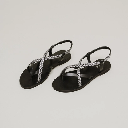 Sandals with braided straps in black and silver leather | warren