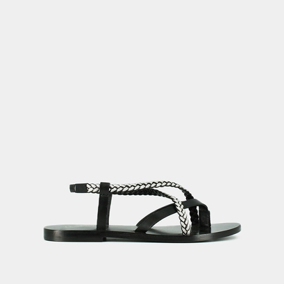 Sandals with braided straps in black and silver leather | warren