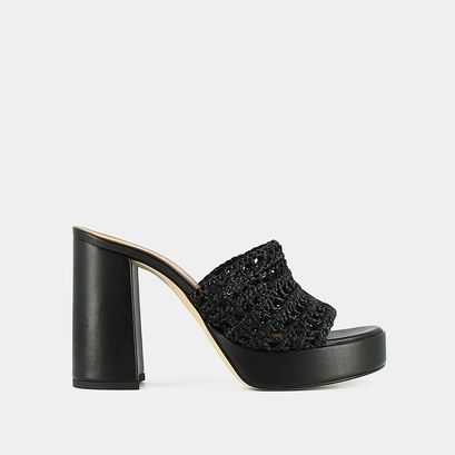 Openwork platform mules in black raffia | juliette