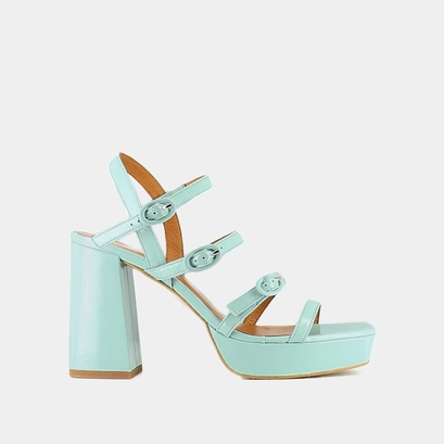 Sandals with straps and square toes in turquoise pleated leather | valens