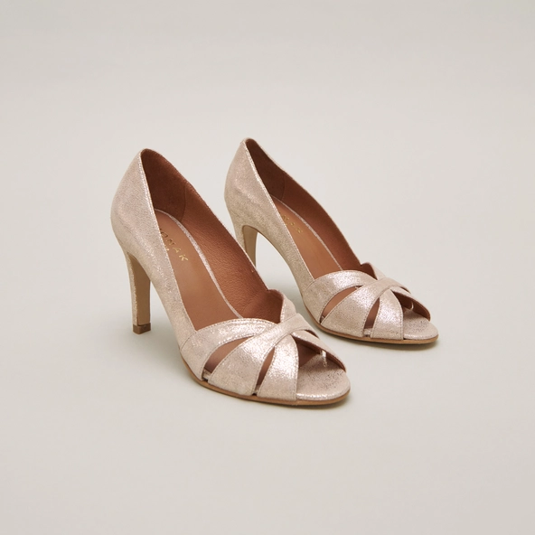 Open toe pumps in platinum lamine velvet | DALBO