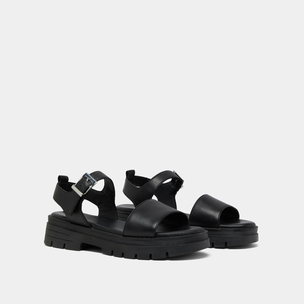 Platform sandals with straps in black leather | ASK