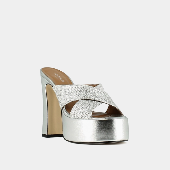 Cross-strap mules with platforms in silver metallic raffia | JACKIE