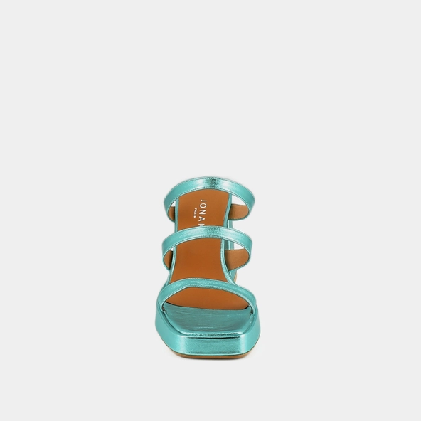 Mules with straps and square toes in turquoise metallic leather | DONZELLE
