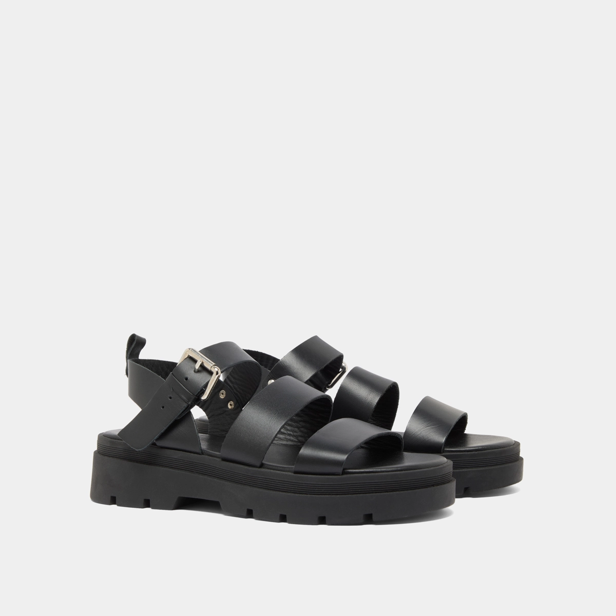 Platform sandals with buckles in black leather | PRIAME