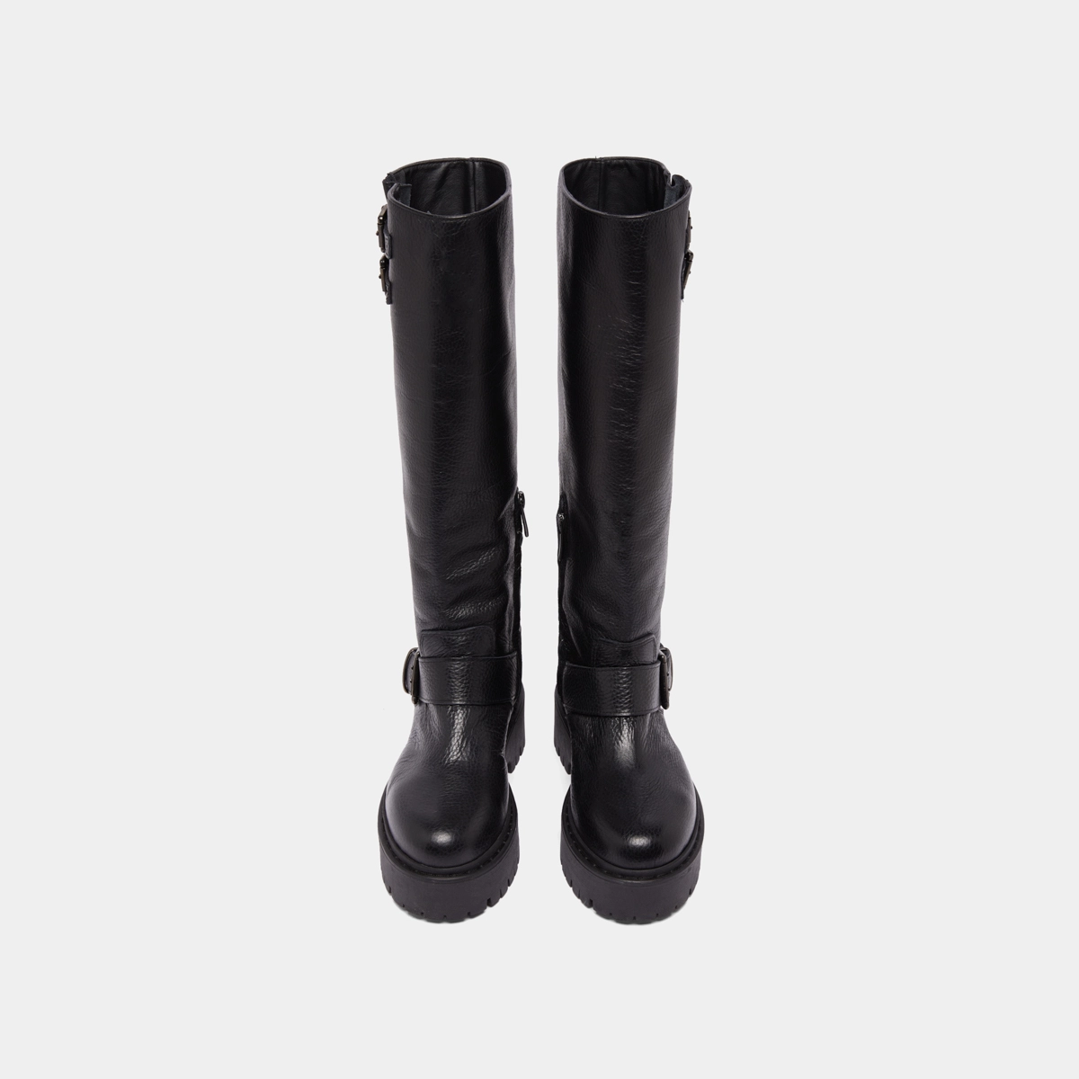 Boots with straps and notched soles in black grained leather | REINE