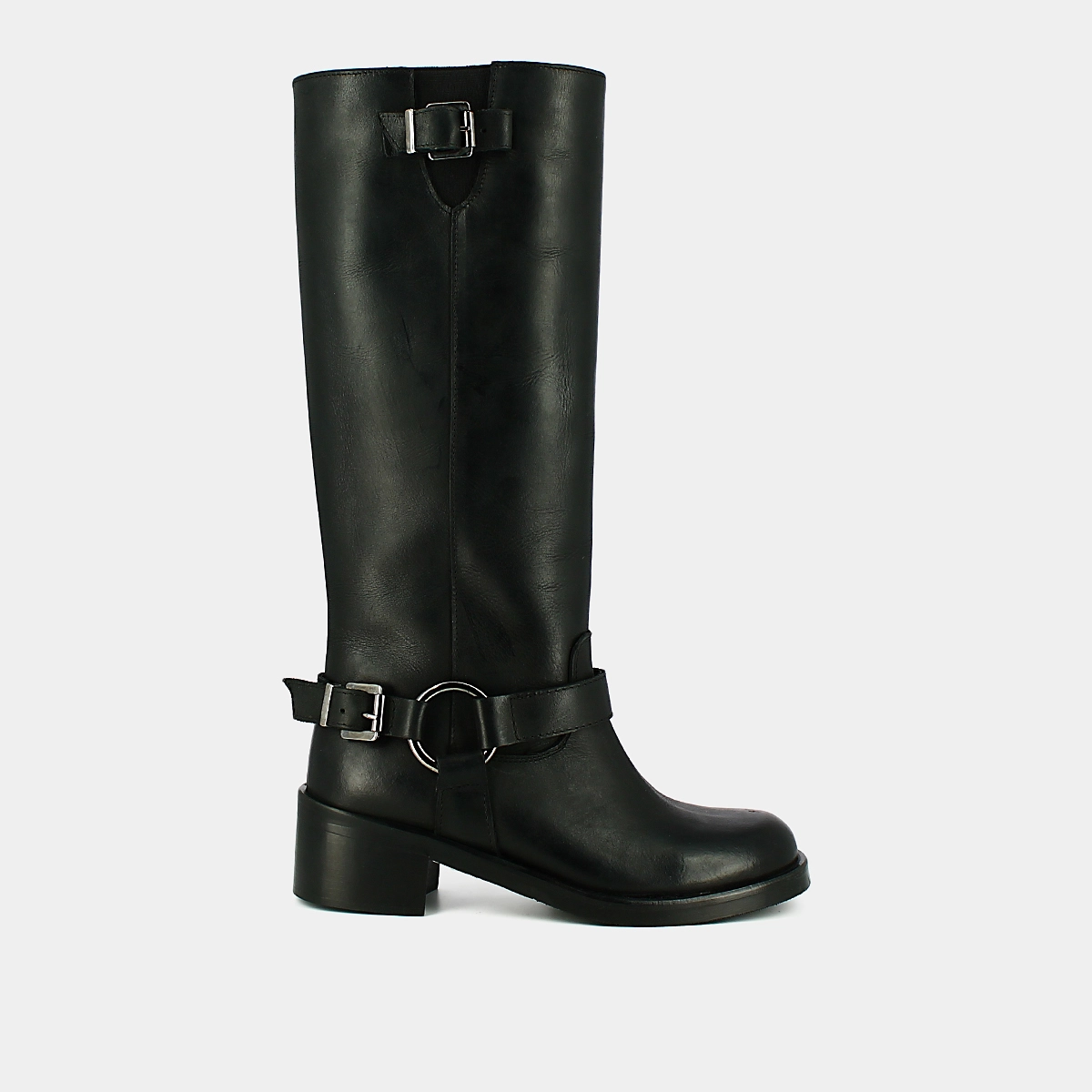 High boots with round toes and buckles in black patinated leather | ROYAN