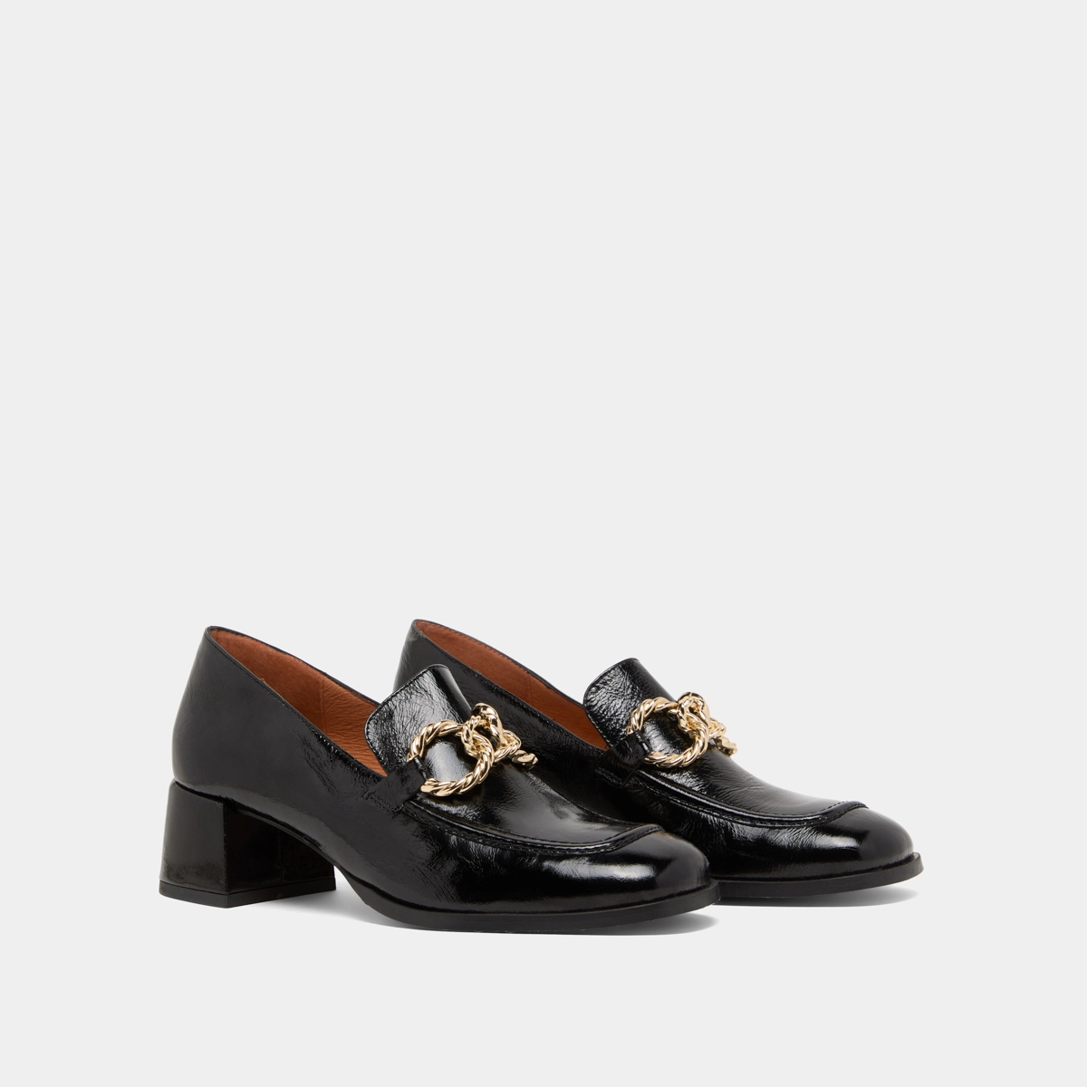 Round-toed loafers with gold buckles in black glazed leather | VINCENNES