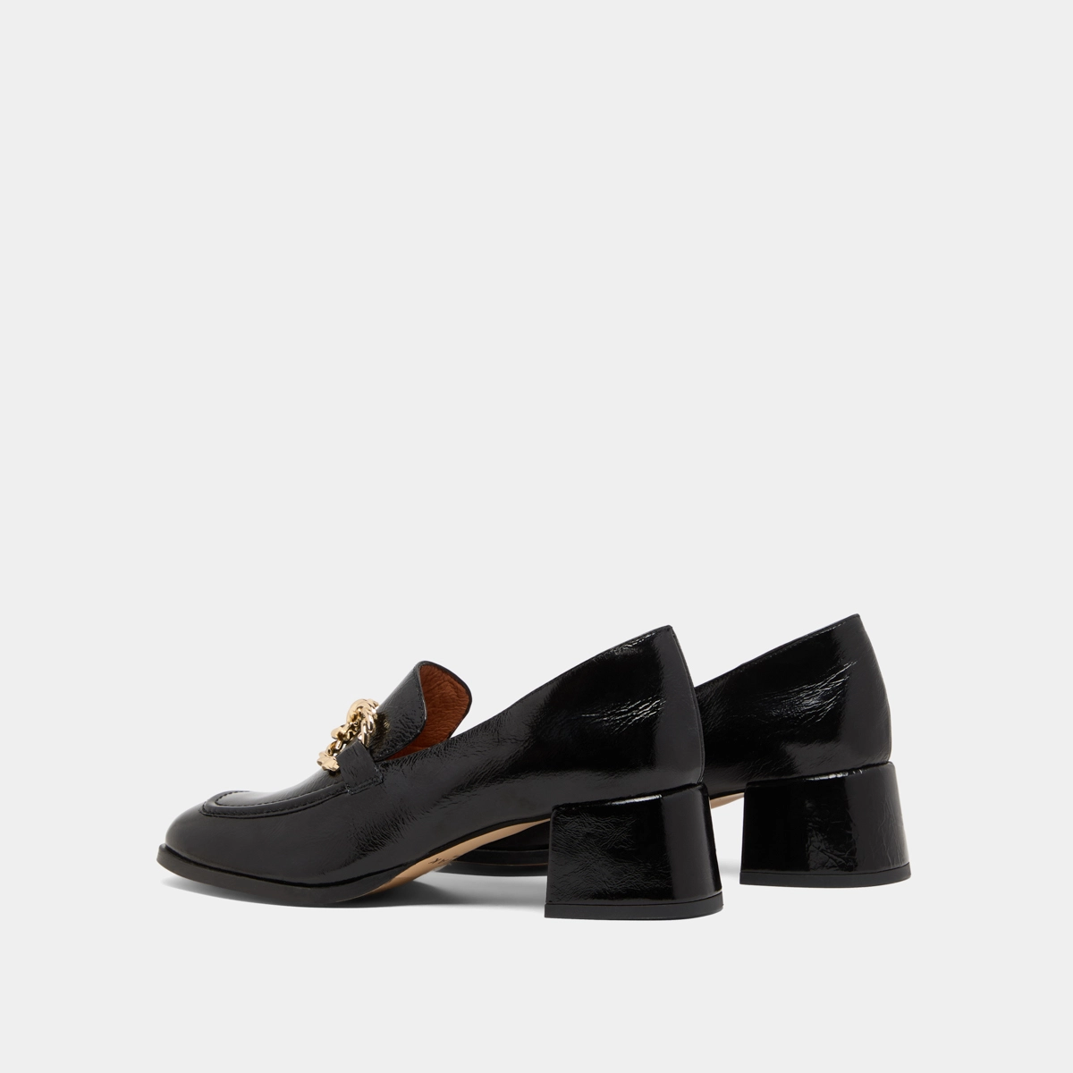 Round-toed loafers with gold buckles in black glazed leather | VINCENNES