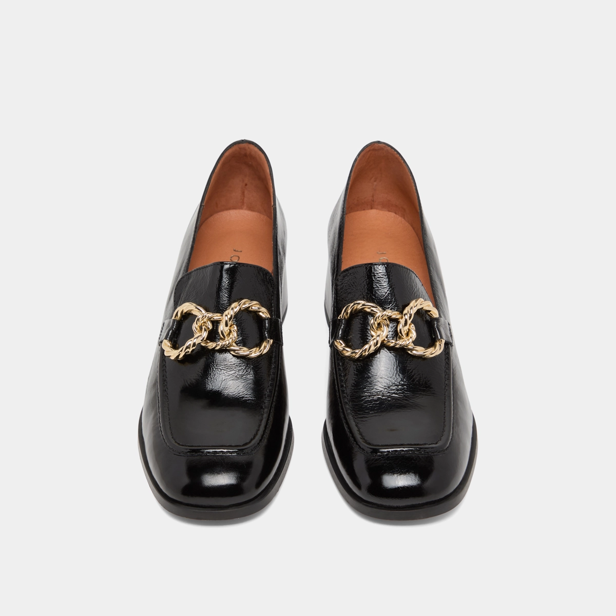 Round-toed loafers with gold buckles in black glazed leather | VINCENNES
