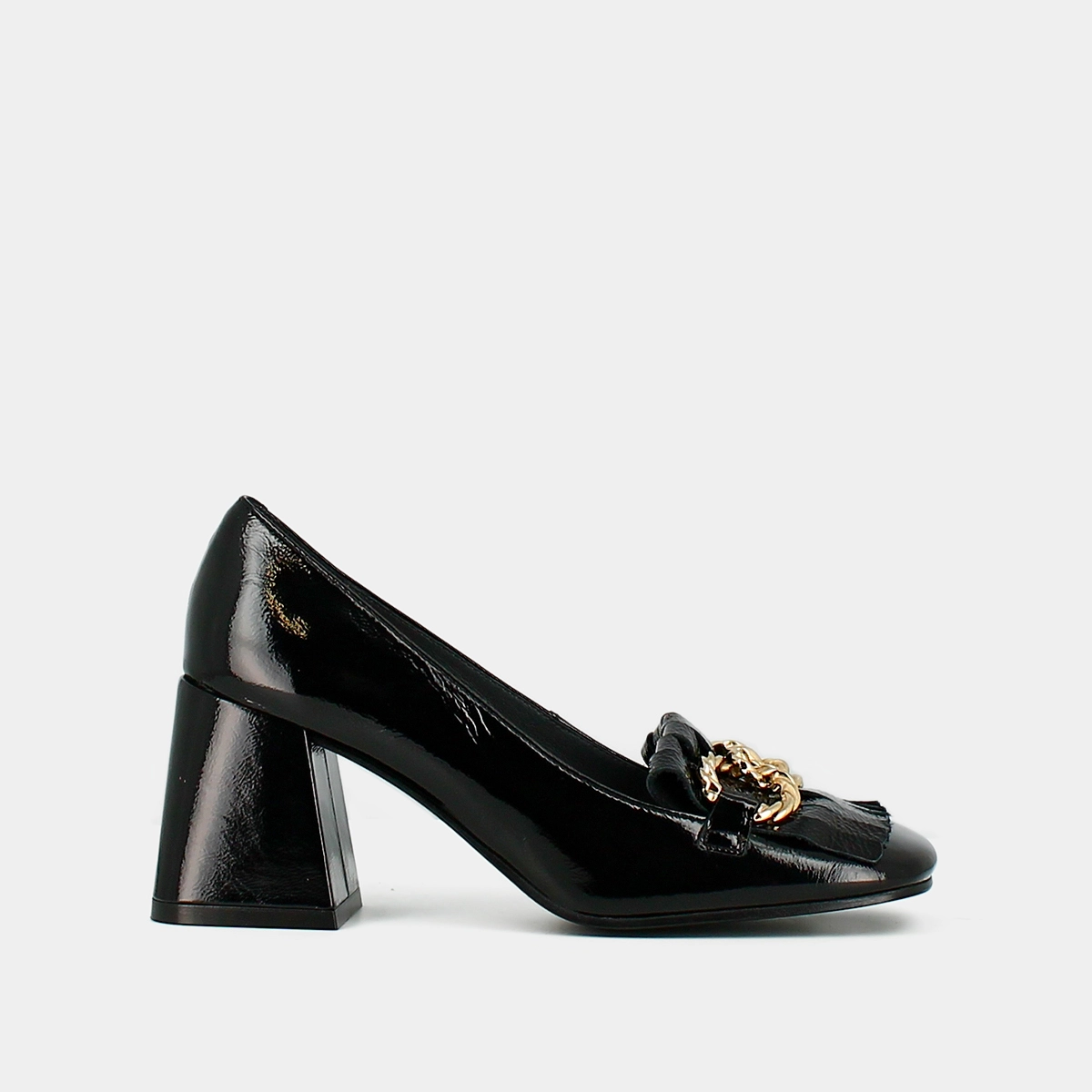 Heeled loafers with gold buckles in black leather | DOMITILLE