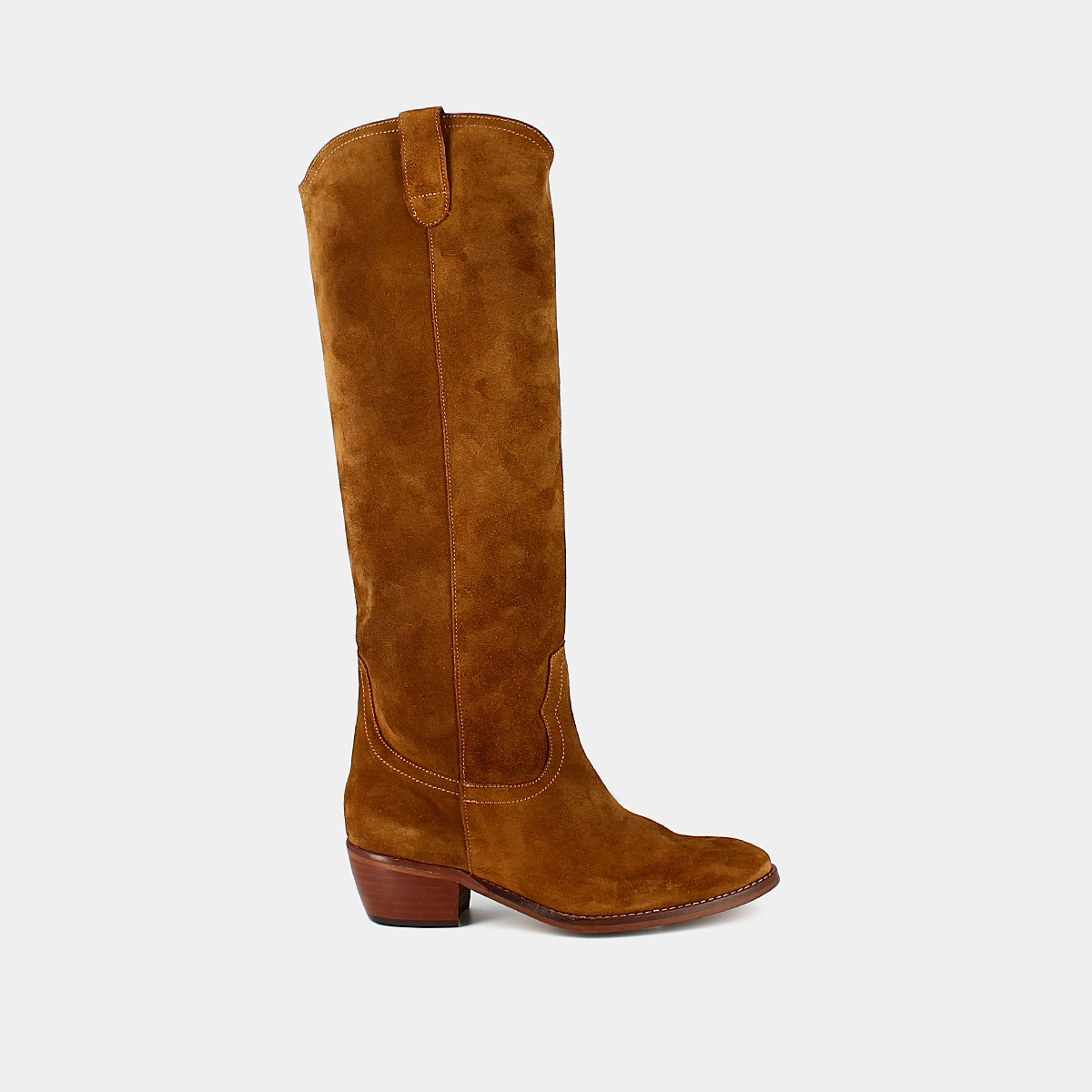 High boots with oval toes in cognac suede | MANHATTAN