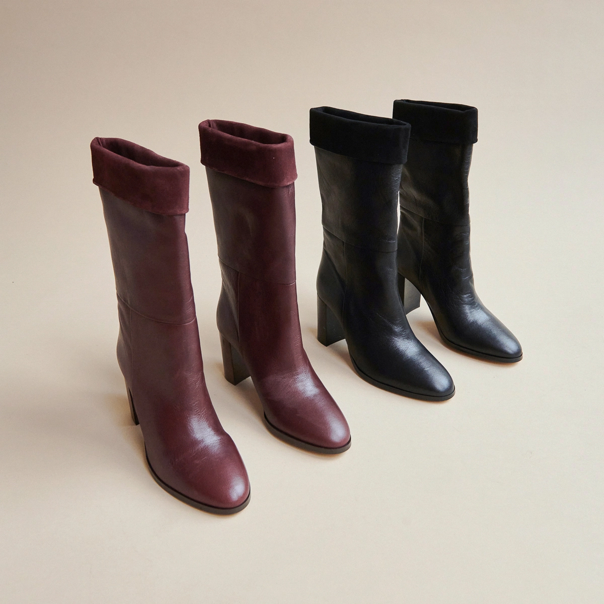 Pointed boots in burgundy leather and velvet | VANNES