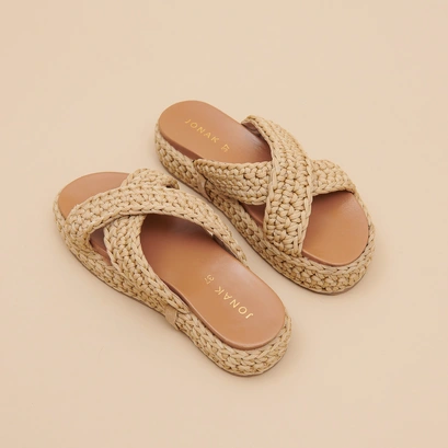 Platform mules with crossed straps in beige rope | WALDER