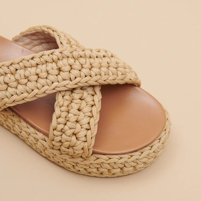 Platform mules with crossed straps in beige rope | WALDER
