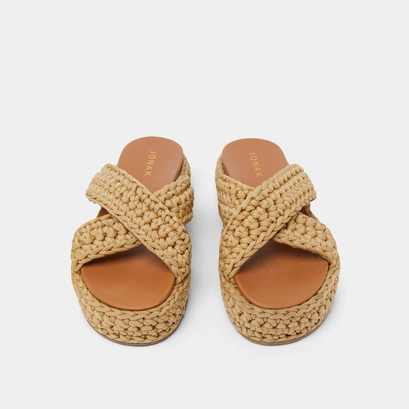 Platform mules with crossed straps in beige rope | WALDER