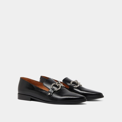 Loafers with silver buckles and pointed toes in black leather | alicante