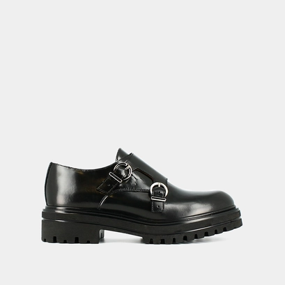 Derbies with double buckles and notched soles in black glazed leather | amsterdam