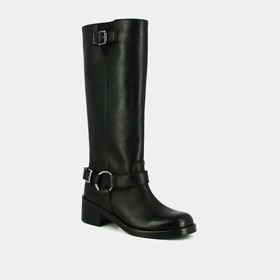 High boots with round toes and buckles in black patinated leather | royan