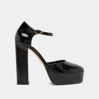 Heeled mary jane and platforms in black glazed leather | vancouver