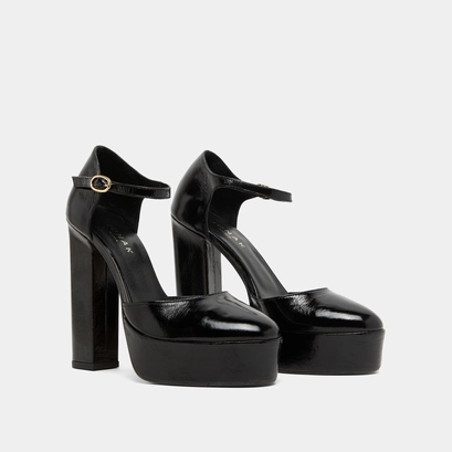 Heeled mary jane and platforms in black glazed leather | vancouver