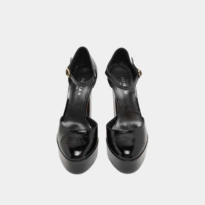 Heeled mary jane and platforms in black glazed leather | vancouver