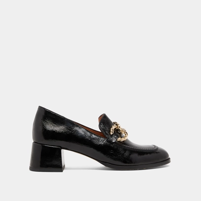 Round-toed loafers with gold buckles in black glazed leather | vincennes