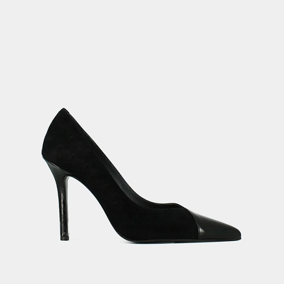 Pumps pointed in black leather and black velvet | doug
