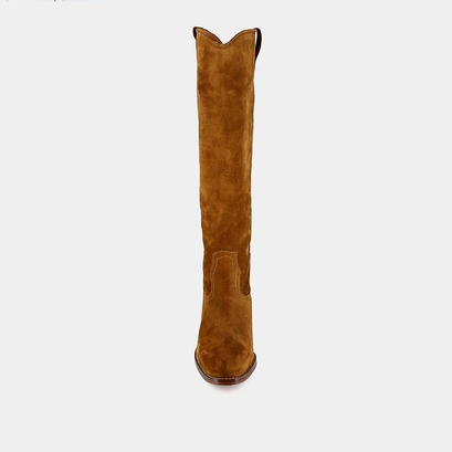 High boots with oval toes in cognac suede | manhattan