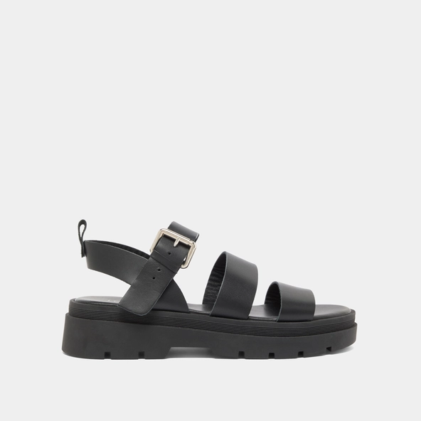 Platform sandals with buckles in black leather | PRIAME