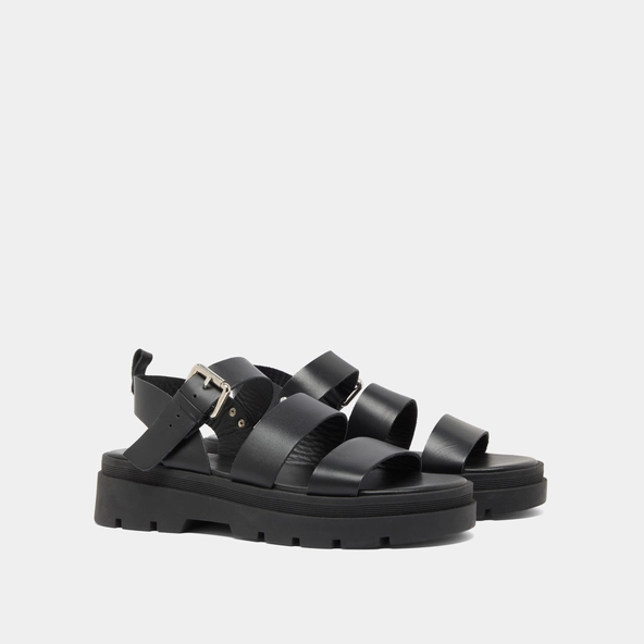 Platform sandals with buckles in black leather | PRIAME