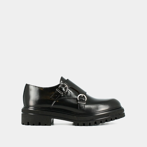 Derbies with double buckles and notched soles in black glazed leather | AMSTERDAM