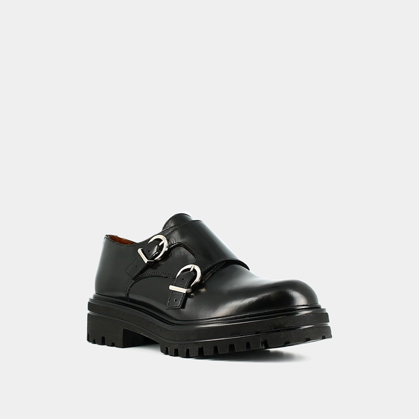 Derbies with double buckles and notched soles in black glazed leather | AMSTERDAM