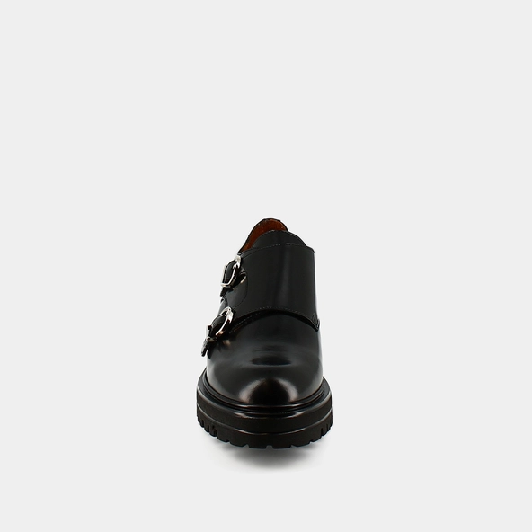 Derbies with double buckles and notched soles in black glazed leather | AMSTERDAM