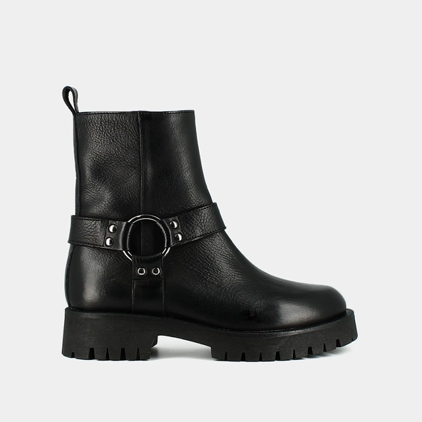 Boots with straps and notched soles in black grained leather | REGINA