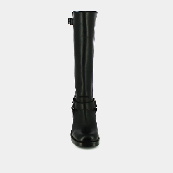High boots with round toes and buckles in black patinated leather | ROYAN