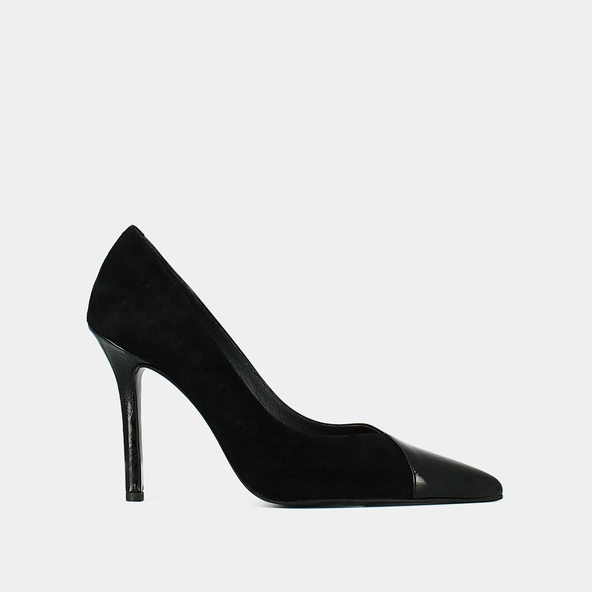 Pumps pointed in black leather and black velvet | DOUG
