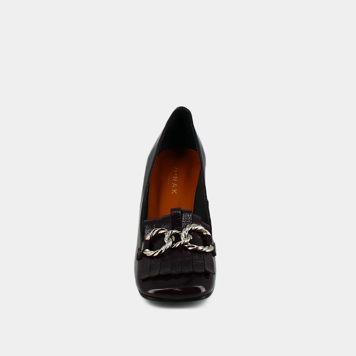 Heeled loafers with silver buckles in purple pleated patent | DOMITILLE
