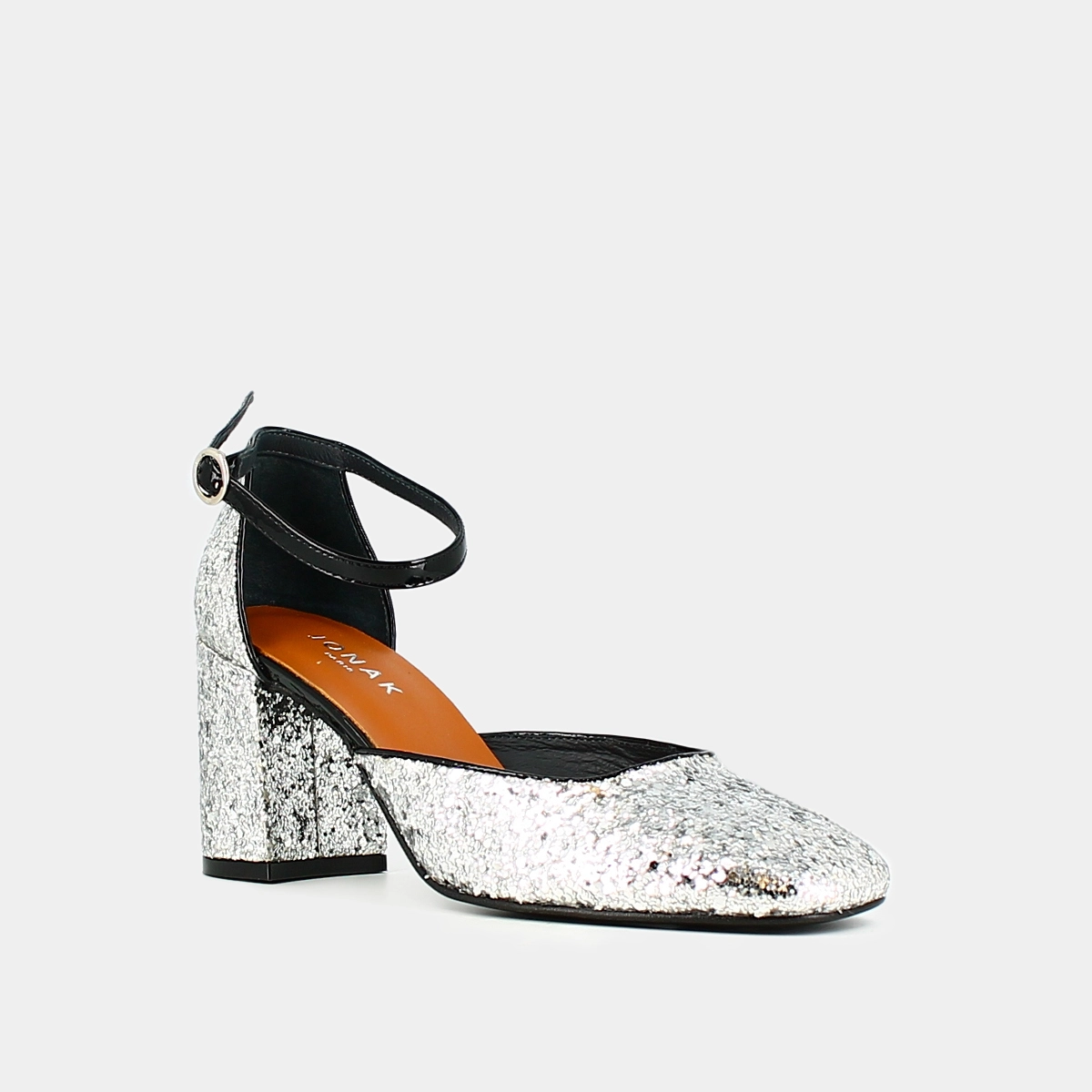 Mary Jane with straps in silver and black glitter and patent | DOUGGIE