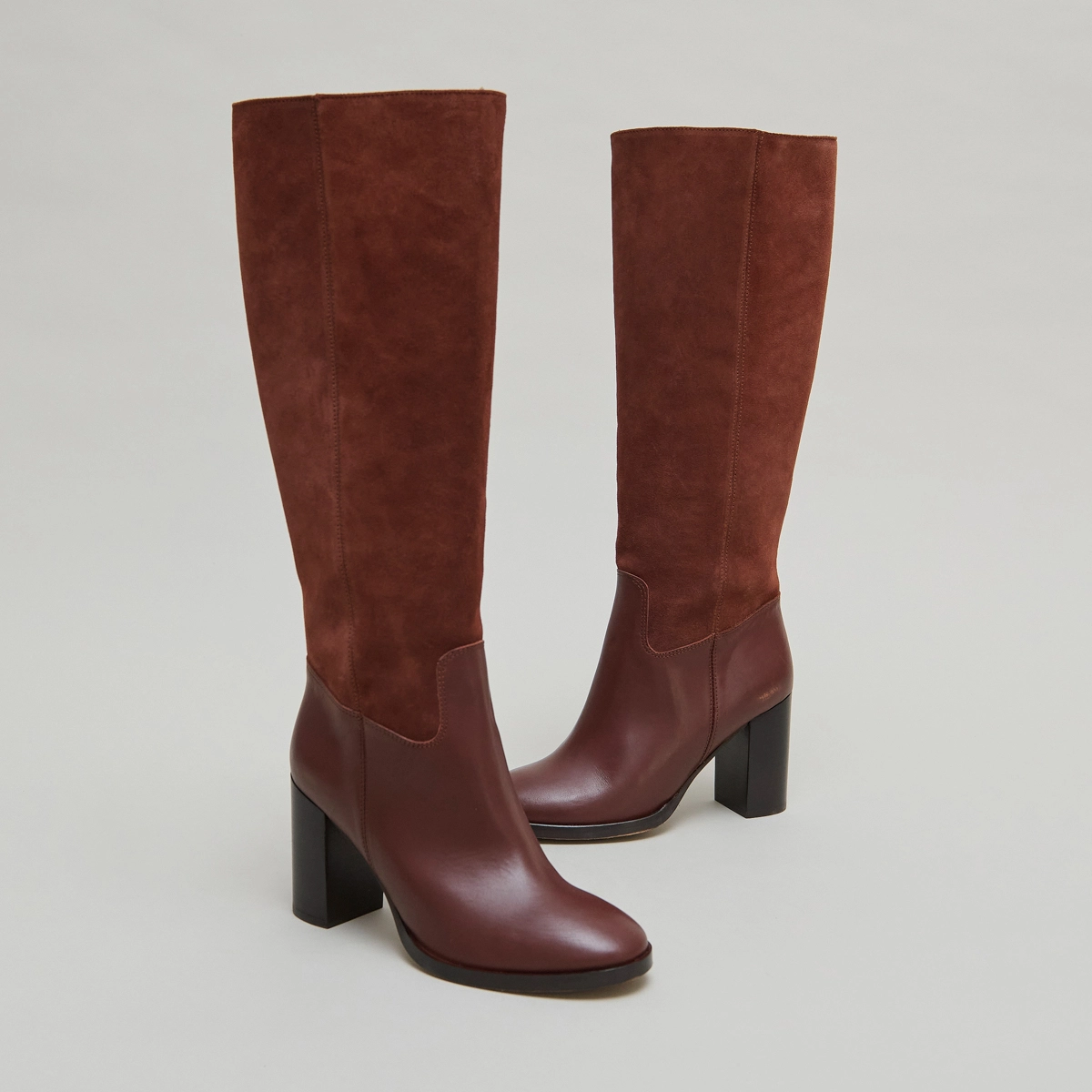 Heeled boots in cognac leather and suede | DOWN