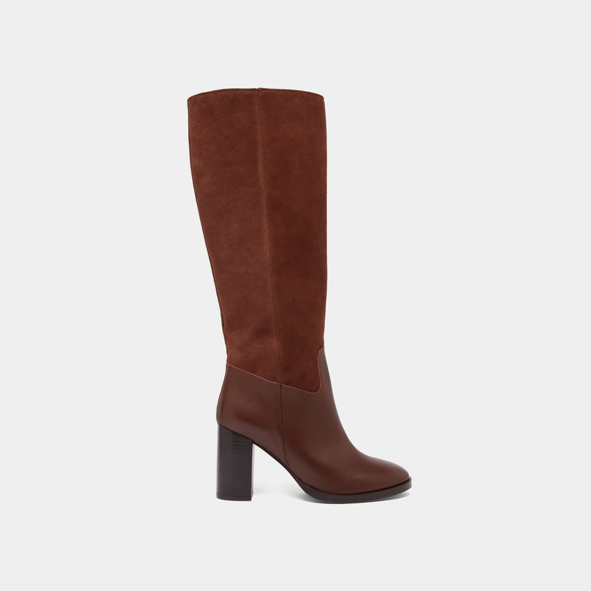 Heeled boots in cognac leather and suede | DOWN